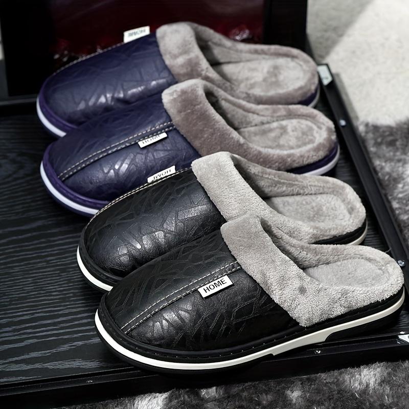 1 Pair Men's plus Size Indoor Slippers-Waterproof, Soft and Comfortable Winter Couple Slippers, Business Style, Solid Pattern, round Toe, Artificial Leather Upper Layer, Textile Lining, TPU Sole, Suitable for Daily and Leisure Indoor Use