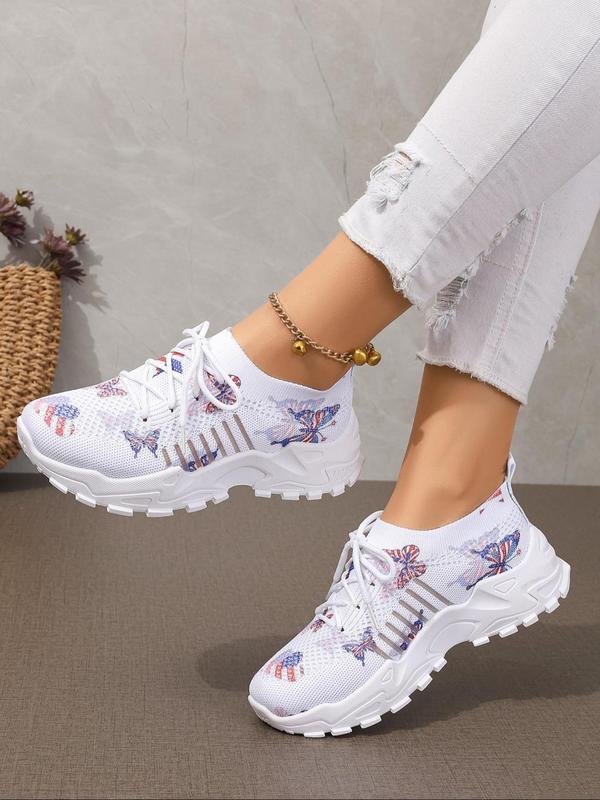 Women's Fashionable Butterfly Pattern Lace Up Low Top Sneakers, 2024 New Style Casual Comfortable Breathable Sports Running Shoes, All-match Round Toe Shoes for Daily Wear