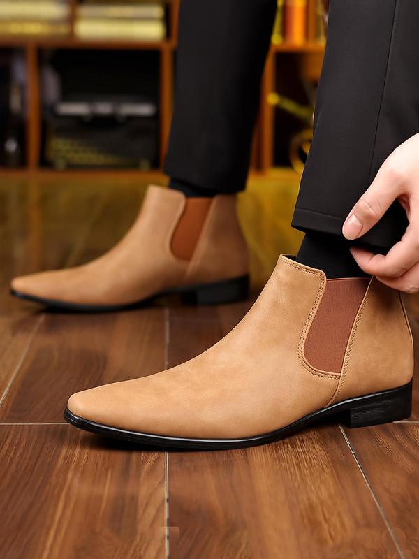 Men's Business Solid Color Slip on Chelsea Boots, Fashionable Mid-calf Pointed Toe Boots for Daily Wear, Casual Comfortable Shoes for Spring & Fall