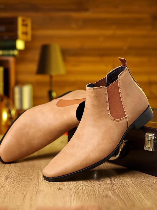 Men's Business Solid Color Slip on Chelsea Boots, Fashionable Mid-calf Pointed Toe Boots for Daily Wear, Casual Comfortable Shoes for Spring & Fall