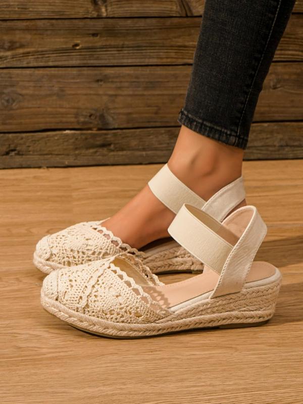 Women's Summer Comfort  Hollow Out Vamp Ankle Strap Platform Sandals, Girl Retro Plain Closed Toe Espadrille Wedge Court Shoes