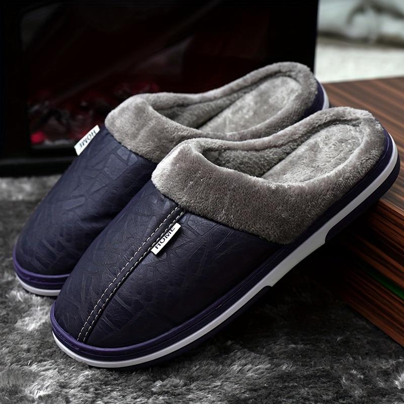 1 Pair Men's plus Size Indoor Slippers-Waterproof, Soft and Comfortable Winter Couple Slippers, Business Style, Solid Pattern, round Toe, Artificial Leather Upper Layer, Textile Lining, TPU Sole, Suitable for Daily and Leisure Indoor Use