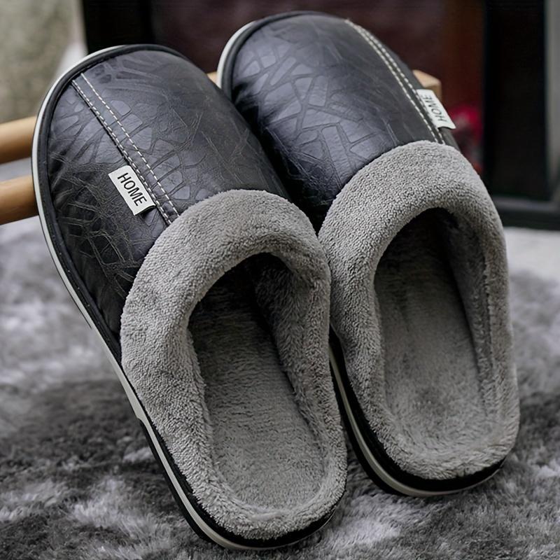 1 Pair Men's plus Size Indoor Slippers-Waterproof, Soft and Comfortable Winter Couple Slippers, Business Style, Solid Pattern, round Toe, Artificial Leather Upper Layer, Textile Lining, TPU Sole, Suitable for Daily and Leisure Indoor Use