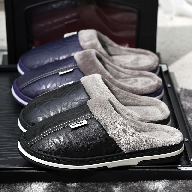 1 Pair Men's plus Size Indoor Slippers-Waterproof, Soft and Comfortable Winter Couple Slippers, Business Style, Solid Pattern, round Toe, Artificial Leather Upper Layer, Textile Lining, TPU Sole, Suitable for Daily and Leisure Indoor Use