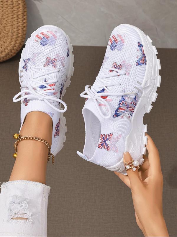 Women's Fashionable Butterfly Pattern Lace Up Low Top Sneakers, 2024 New Style Casual Comfortable Breathable Sports Running Shoes, All-match Round Toe Shoes for Daily Wear