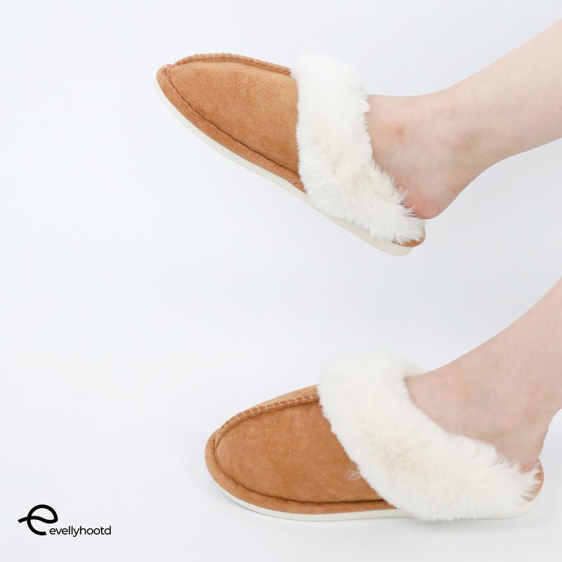 EVELLYHOOTD Women's Minimalist Casual Plush Fluffy Slippers Warm Cozy Bedroom Slippers For Fall Winter Round Toe Slippers For Home and Outdoor