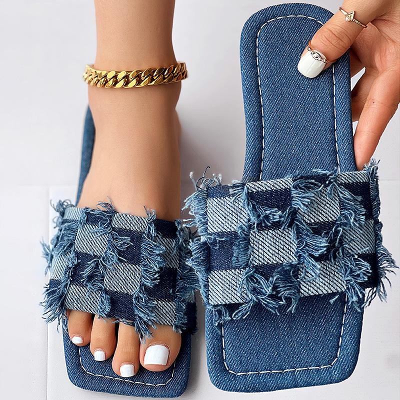 Women's Colorblock Raw Hem Denim Slippers Outdoor Sandals