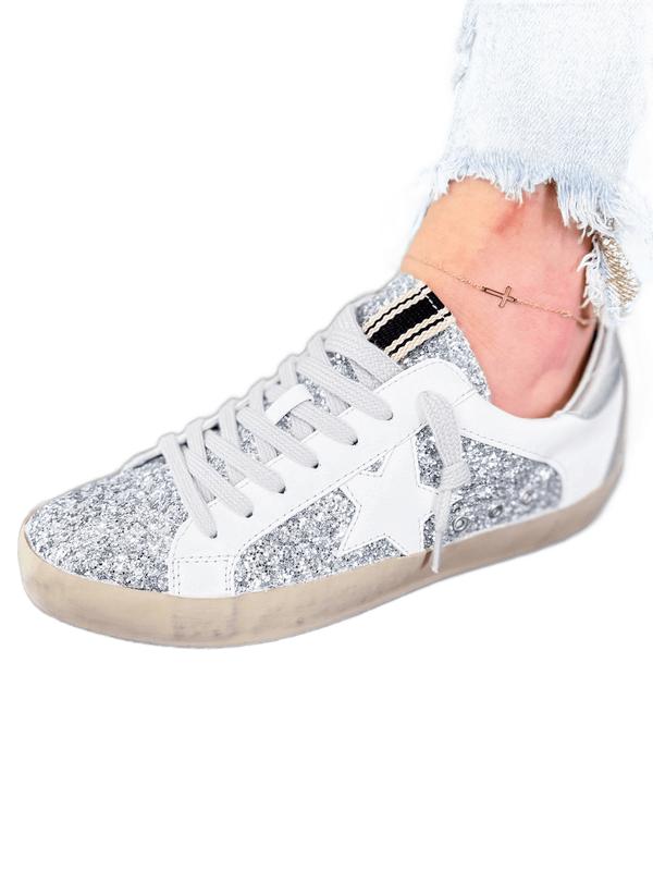 Shu Shop Silver Sparkle Glitter Sneakers W  White Star Detail