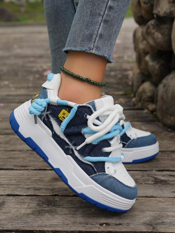 Women's Lace Up Low Top Colorblock Denim Sneakers, Fashion Comfortable Skate Shoes, Female All-match Round Toe Sports Shoes for Daily Wear