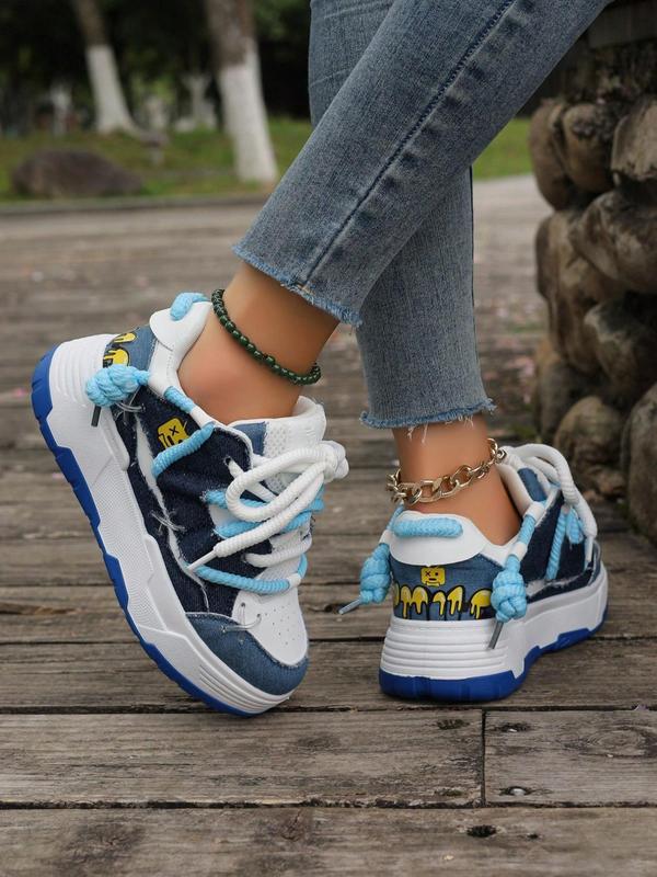 Women's Lace Up Low Top Colorblock Denim Sneakers, Fashion Comfortable Skate Shoes, Female All-match Round Toe Sports Shoes for Daily Wear