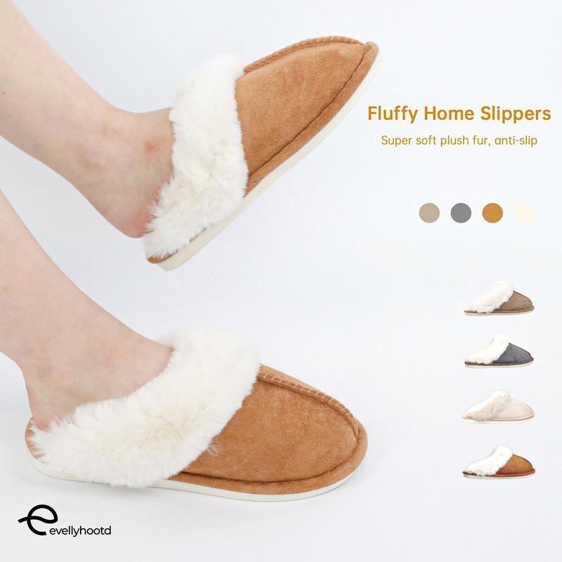 EVELLYHOOTD Women's Minimalist Casual Plush Fluffy Slippers Warm Cozy Bedroom Slippers For Fall Winter Round Toe Slippers For Home and Outdoor