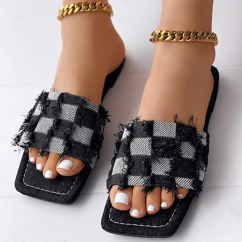 Women's Colorblock Raw Hem Denim Slippers Outdoor Sandals