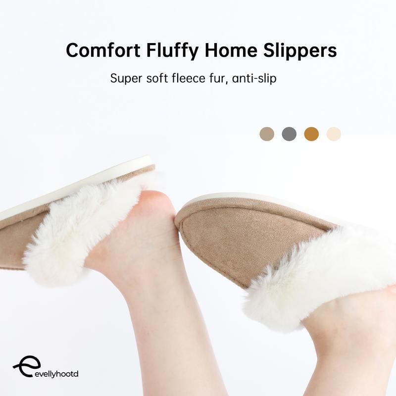 EVELLYHOOTD Women's Minimalist Casual Plush Fluffy Slippers Warm Cozy Bedroom Slippers For Fall Winter Round Toe Slippers For Home and Outdoor