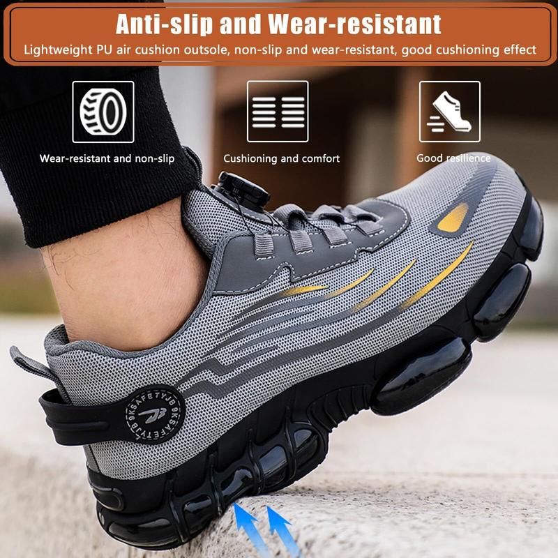 Men's Lace Up Low Top Anti Piercing & Anti Smashing Safety Shoes with Rotating Button, Contrast Mesh Work Shoes, for Outdoor Work, Footwear, Shoes for Healthcare Workers, Fall Outfits, Fall Freshness Boy Closed