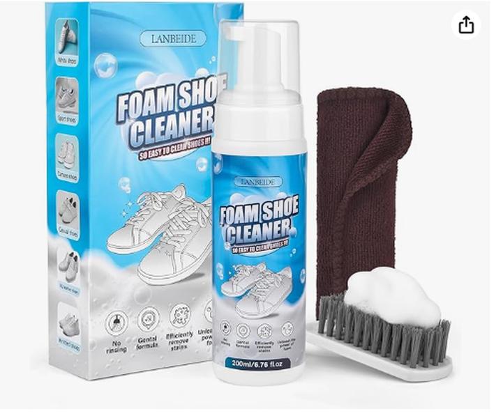 LANBEIDE Shoe Cleaner, Shoe Cleaning Kit-6.76 Oz Sneaker Cleaner with Brush and Towel, White Shoe Cleaner Works on Leather, Knit, Canvas, Suede, PU, Fabric, Boots