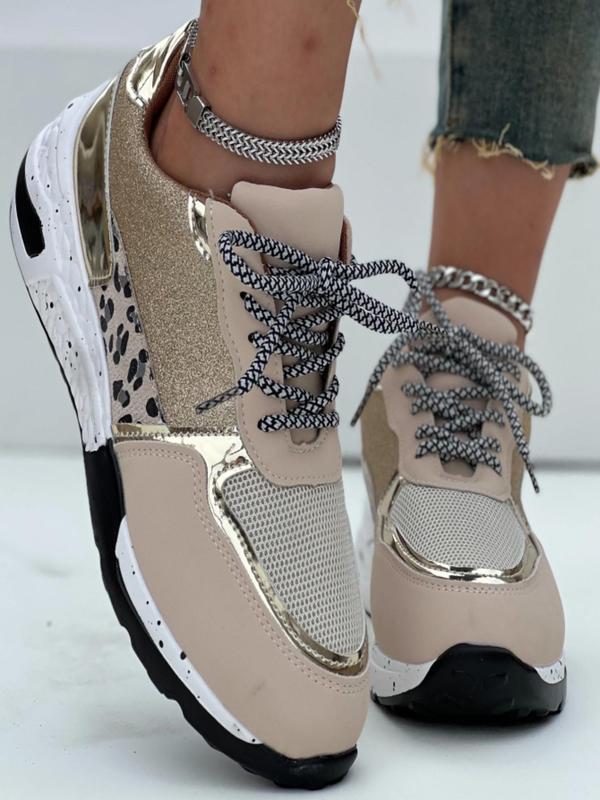 Women's Fashionable Colorblock Lace Up Glitter Design Platform Sneakers, Casual Comfortable Lightweight Sports Running Shoes, Female All-match Round Toe Chunky Sneakers for Daily Wear