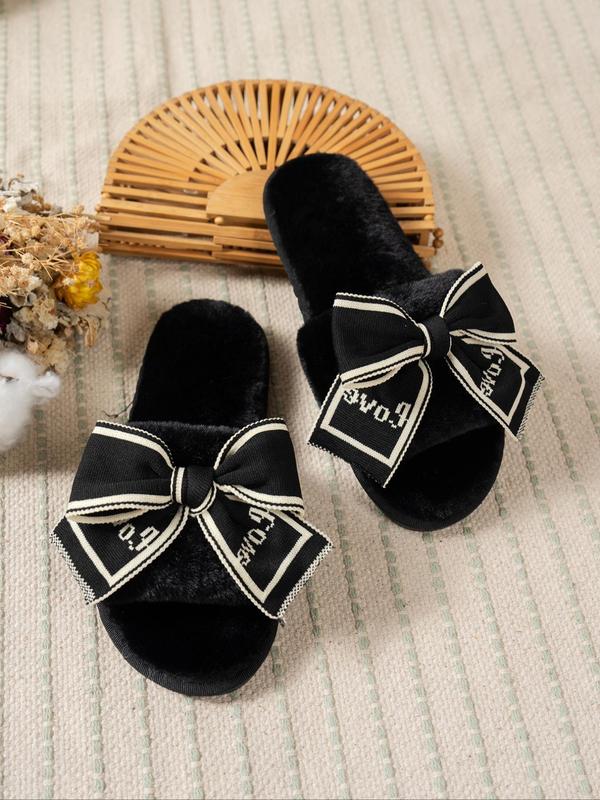 Women's Bowknot Design Open Toe Plush Slippers, Casual Soft Comfortable Home Slippers, Warm Slippers for Indoor & Outdoor Use for All Seasons