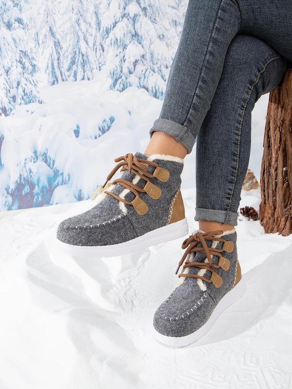 Women's Fashionable Patchwork Design Lace Up Snow Boots, Casual Comfortable Ankle Boots for Winter, Fluffy Warm Boots for Outdoor