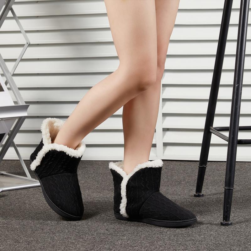 Winter Women's Indoor Fuzzy Boot Slippers Outdoor Knitted Ankle Boots Slippers Warm House Shoes with Plush Fur Lining