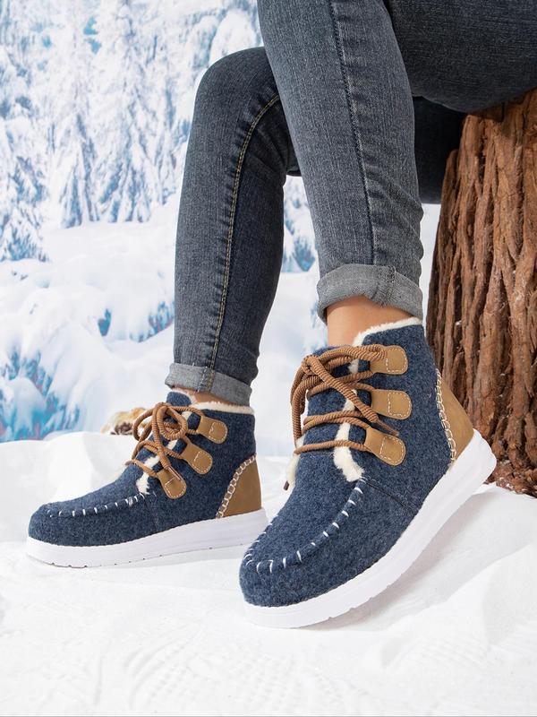 Women's Fashionable Patchwork Design Lace Up Snow Boots, Casual Comfortable Ankle Boots for Winter, Fluffy Warm Boots for Outdoor