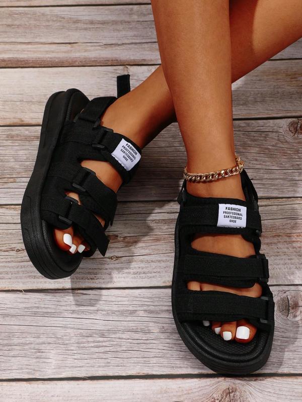 Women's Solid Color Letter Patch Decor Open Toe Hook-and-loop Sport Sandals, Summer 2024 Beach Sandals, Minimalist Casual Sandals Perfect for Everyday Wear