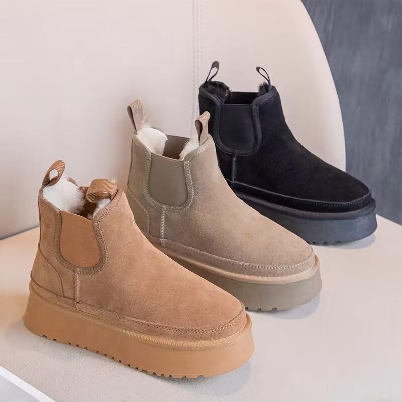 Thick bottom snow boots female 2024 new winter Chelsea short boots fur integrated velvet thickening protection Warm cotton shoes