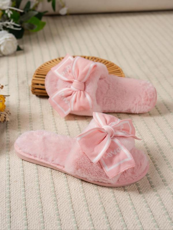 Women's Bowknot Design Open Toe Plush Slippers, Casual Soft Comfortable Home Slippers, Warm Slippers for Indoor & Outdoor Use for All Seasons