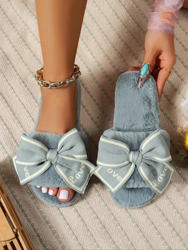 Women's Bowknot Design Open Toe Plush Slippers, Casual Soft Comfortable Home Slippers, Warm Slippers for Indoor & Outdoor Use for All Seasons