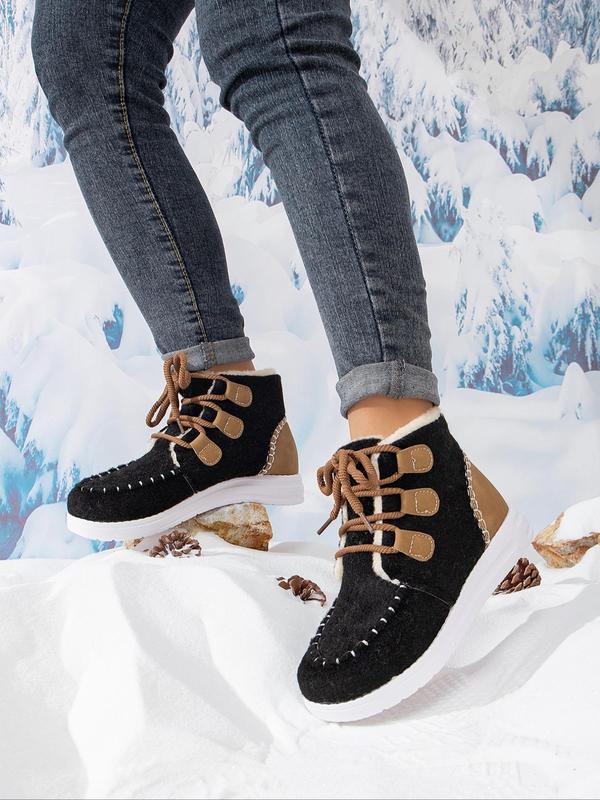 Women's Fashionable Patchwork Design Lace Up Snow Boots, Casual Comfortable Ankle Boots for Winter, Fluffy Warm Boots for Outdoor