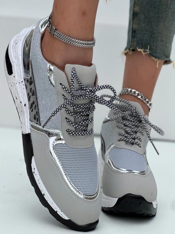 Women's Fashionable Colorblock Lace Up Glitter Design Platform Sneakers, Casual Comfortable Lightweight Sports Running Shoes, Female All-match Round Toe Chunky Sneakers for Daily Wear