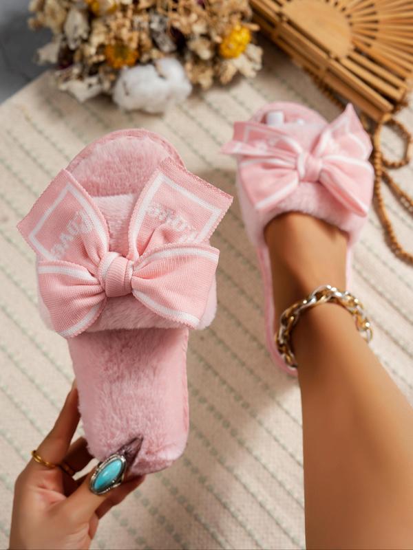 Women's Bowknot Design Open Toe Plush Slippers, Casual Soft Comfortable Home Slippers, Warm Slippers for Indoor & Outdoor Use for All Seasons