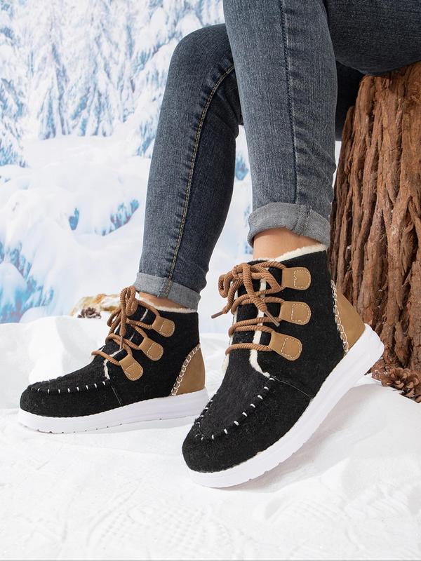 Women's Fashionable Patchwork Design Lace Up Snow Boots, Casual Comfortable Ankle Boots for Winter, Fluffy Warm Boots for Outdoor