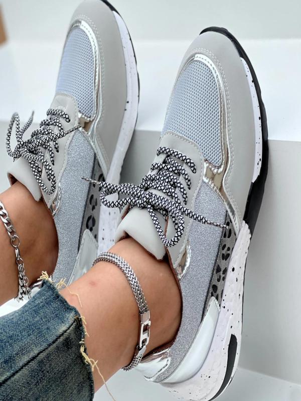 Women's Fashionable Colorblock Lace Up Glitter Design Platform Sneakers, Casual Comfortable Lightweight Sports Running Shoes, Female All-match Round Toe Chunky Sneakers for Daily Wear