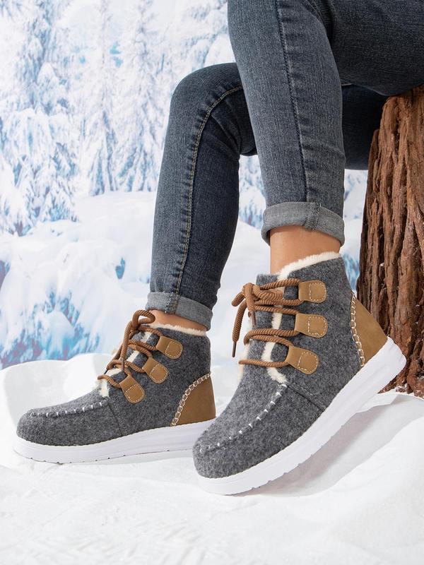 Women's Fashionable Patchwork Design Lace Up Snow Boots, Casual Comfortable Ankle Boots for Winter, Fluffy Warm Boots for Outdoor