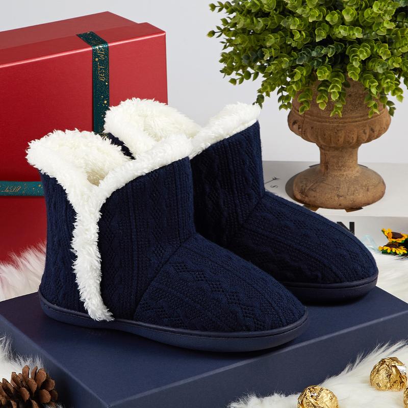 Winter Women's Indoor Fuzzy Boot Slippers Outdoor Knitted Ankle Boots Slippers Warm House Shoes with Plush Fur Lining