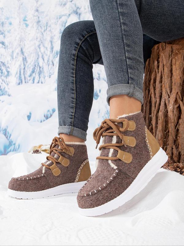 Women's Fashionable Patchwork Design Lace Up Snow Boots, Casual Comfortable Ankle Boots for Winter, Fluffy Warm Boots for Outdoor