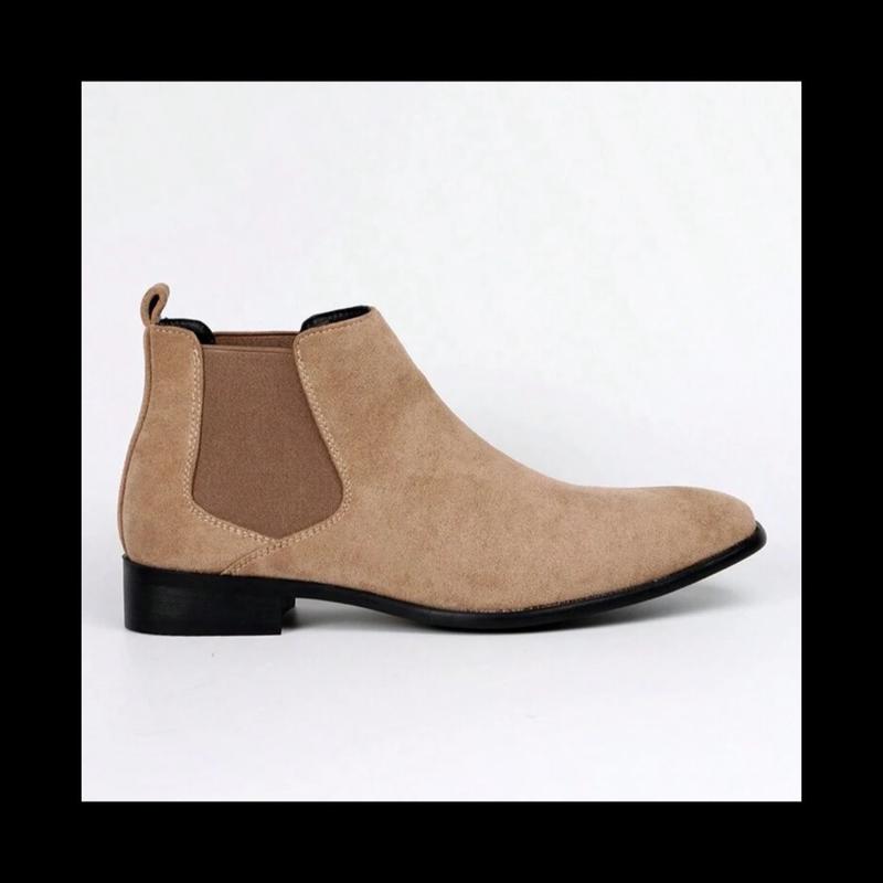 Men Minimalist Slip On Chelsea Boots, Minimalist Beige Faux Suede Boots