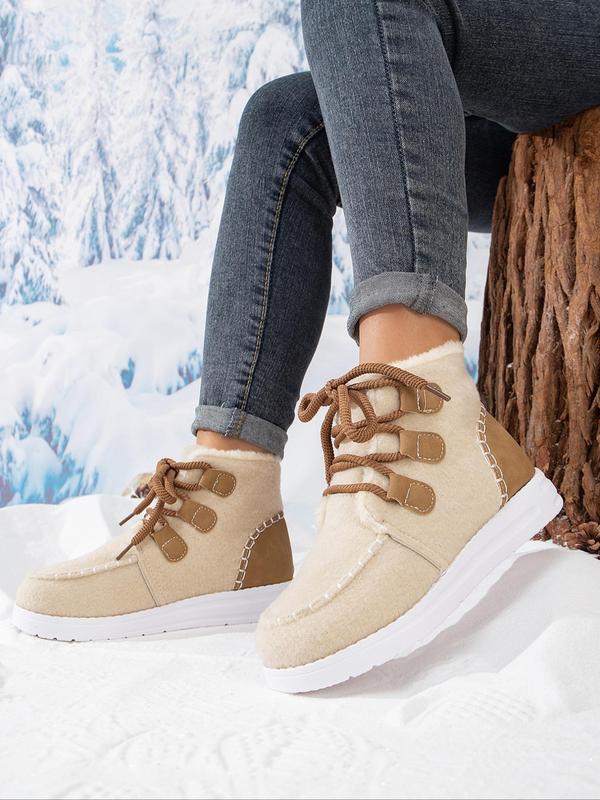 Women's Fashionable Patchwork Design Lace Up Snow Boots, Casual Comfortable Ankle Boots for Winter, Fluffy Warm Boots for Outdoor