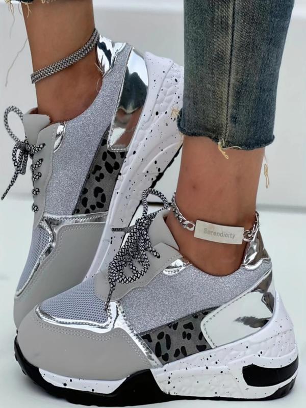 Women's Fashionable Colorblock Lace Up Glitter Design Platform Sneakers, Casual Comfortable Lightweight Sports Running Shoes, Female All-match Round Toe Chunky Sneakers for Daily Wear