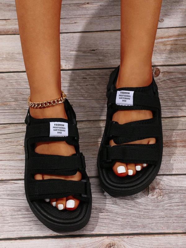 Women's Solid Color Letter Patch Decor Open Toe Hook-and-loop Sport Sandals, Summer 2024 Beach Sandals, Minimalist Casual Sandals Perfect for Everyday Wear