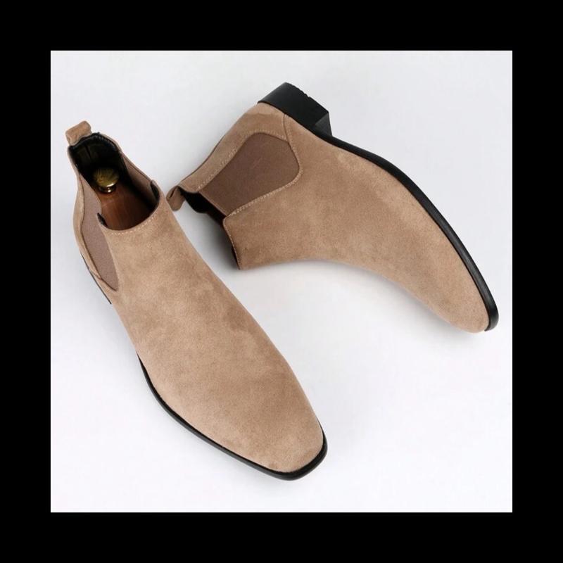 Men Minimalist Slip On Chelsea Boots, Minimalist Beige Faux Suede Boots