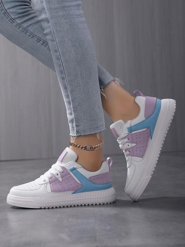 Women's 2024 Summer Fashion Colorblock Lace Up Low Top Athletic Trainers & Sneakers, Sneakers Women 2024, Casual Comfortable Outdoor Sports Shoes, Female Round Toe Skate Shoes