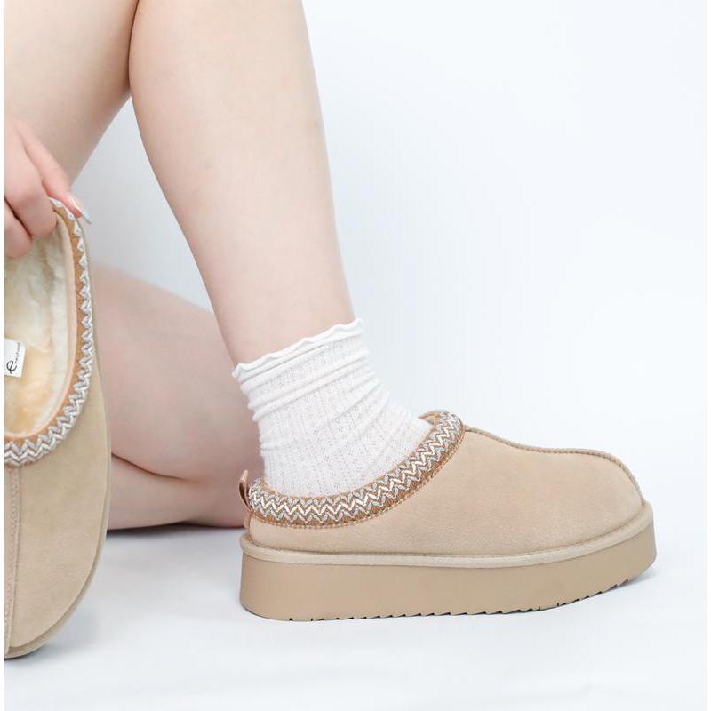 EVELLYHOOTD Braided Leather Outdoor Slippers Women's Mini Platform Boots with Fluffy Fur Lining Short Ankle Boots for Autumn Winter Warm Walking Shoes