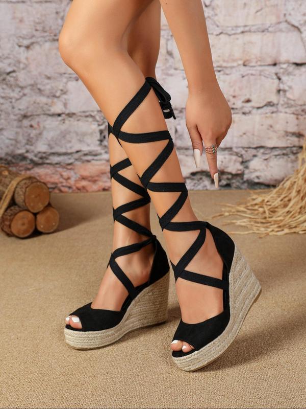 Women's Fashionable Lace Up Peep Toe Wedge Sandals, Casual Comfortable Wedge Sandals for Beach Vacation, Female All-match Round Toe Shoes for Daily Wear