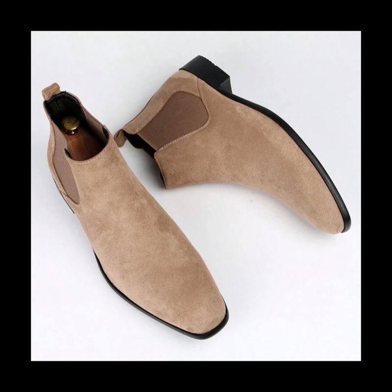 Men Minimalist Slip On Chelsea Boots, Minimalist Beige Faux Suede Boots