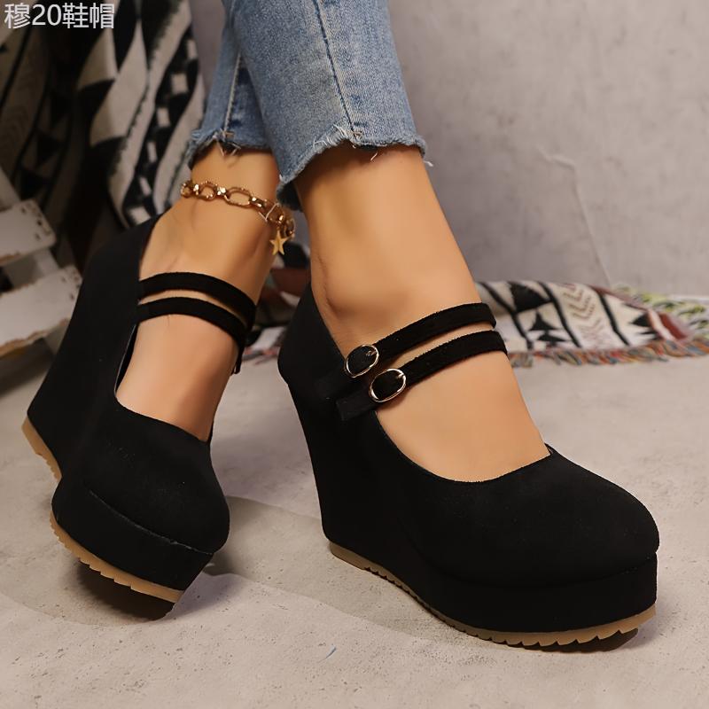 Elegant Round Toe Platform Pumps for Women - Fabric Upper with PU Inner & TPR Sole, Lightweight Solid Color with Buckle Strap, Versatile All-Season Ultra High- Wedge Shoes from Taizhou Footwear Girl Walking Shoes Classy Stylish High High   Fashi Fashion