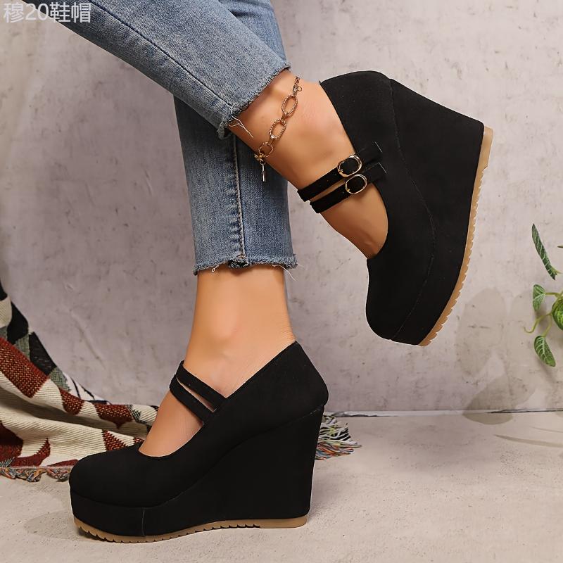 Elegant Round Toe Platform Pumps for Women - Fabric Upper with PU Inner & TPR Sole, Lightweight Solid Color with Buckle Strap, Versatile All-Season Ultra High- Wedge Shoes from Taizhou Footwear Girl Walking Shoes Classy Stylish High High   Fashi Fashion