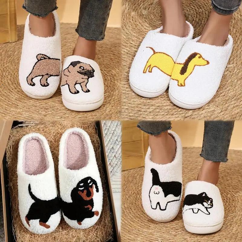 Fluffy Slippers Plush Cartoon Dog Designer Winter Shoes (Kitty Cat, Dachshund, Wiener Dog, French Bulldog, Frenchie, Pug) warm slipper