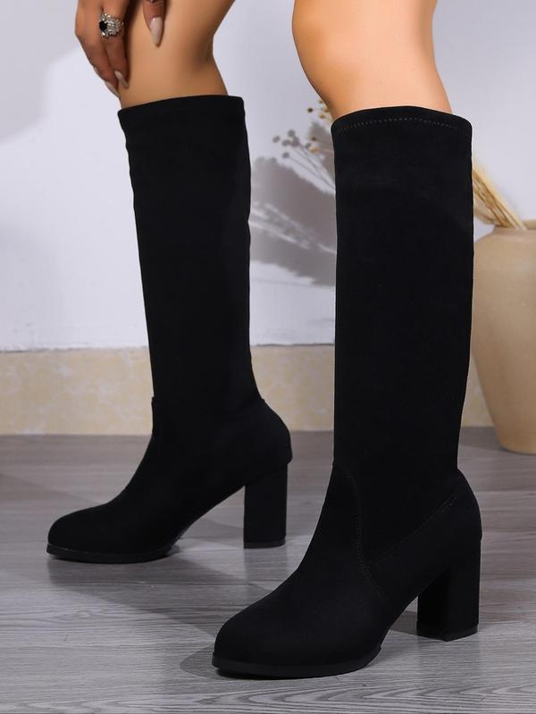 Women's Solid Color Chunky Heel Boots, Fashionable Pointed Toe Knee Boots for Daily Wear, Comfortable and Durable Boots for Women & Girls