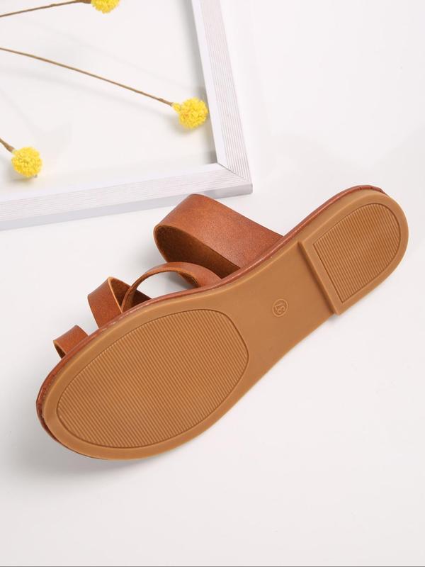 Women's Fashion Plain Color Toe Ring Slip on Sandals, Comfortable Asymmetrical Strappy Design Flat Sandals for Beach Vacation, All-match Commuter Shoes for Work